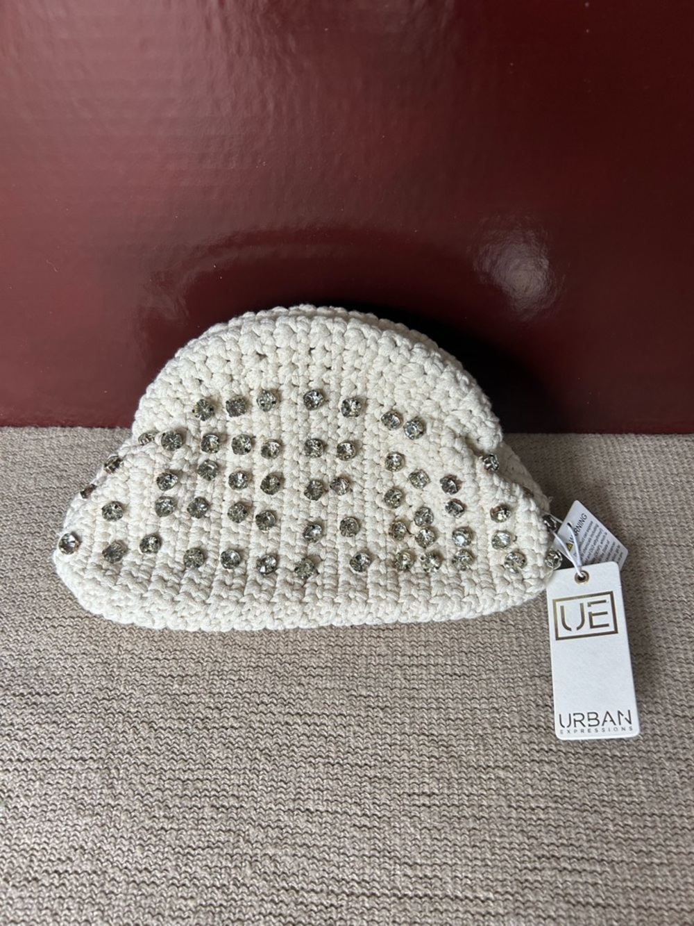 Urban Expressions white crochet clutch handbag rhinestone embellishments NEW